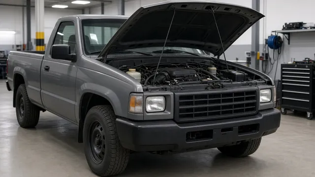 Diesel technician inspecting the fuel system on a parked 7.3 Powerstroke truck