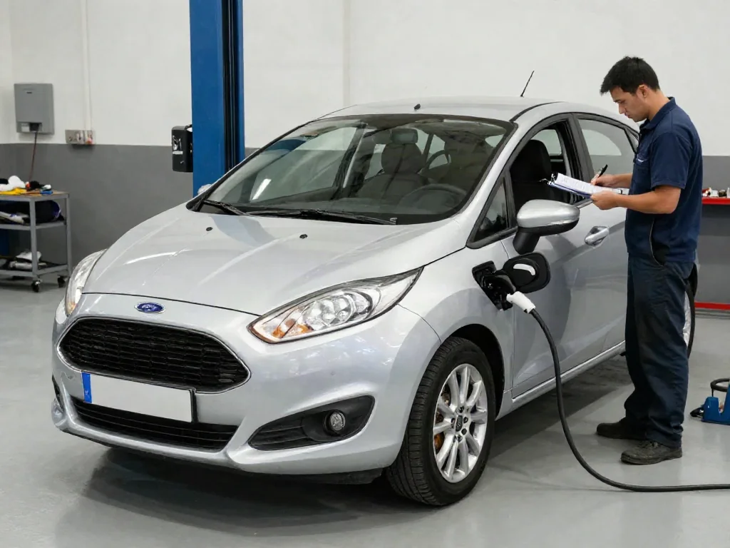 Ford Fiesta parked in a clean service bay for a timing belt service assessment