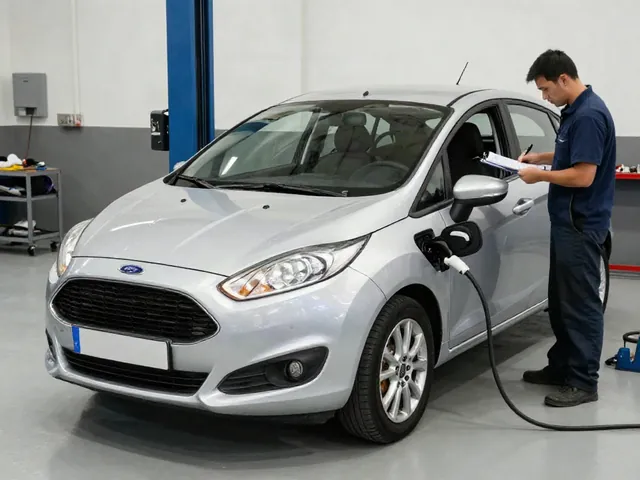 Ford Fiesta parked in a clean service bay for a timing belt service assessment