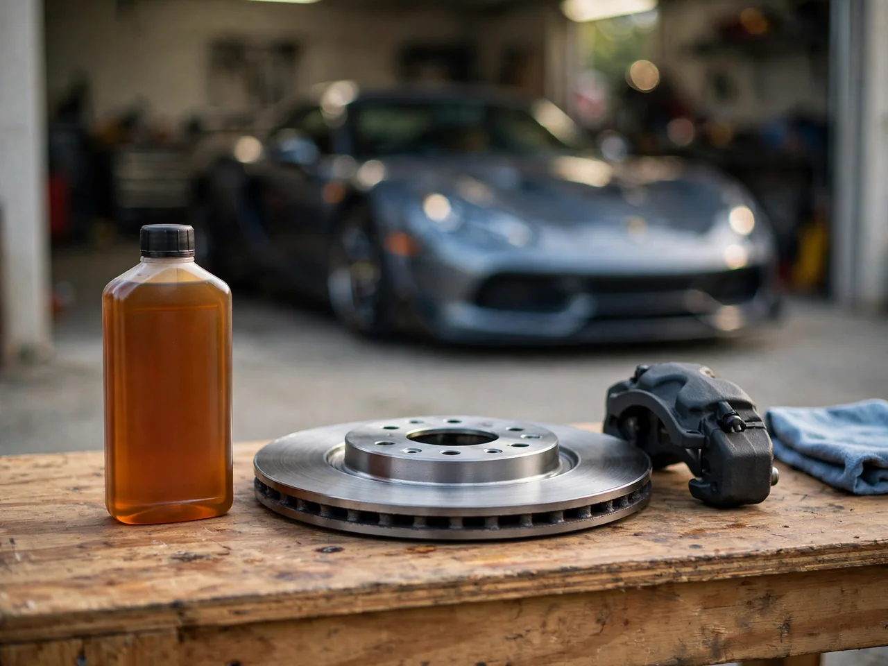 Sealed brake fluid bottle beside a brake rotor and caliper in a garage