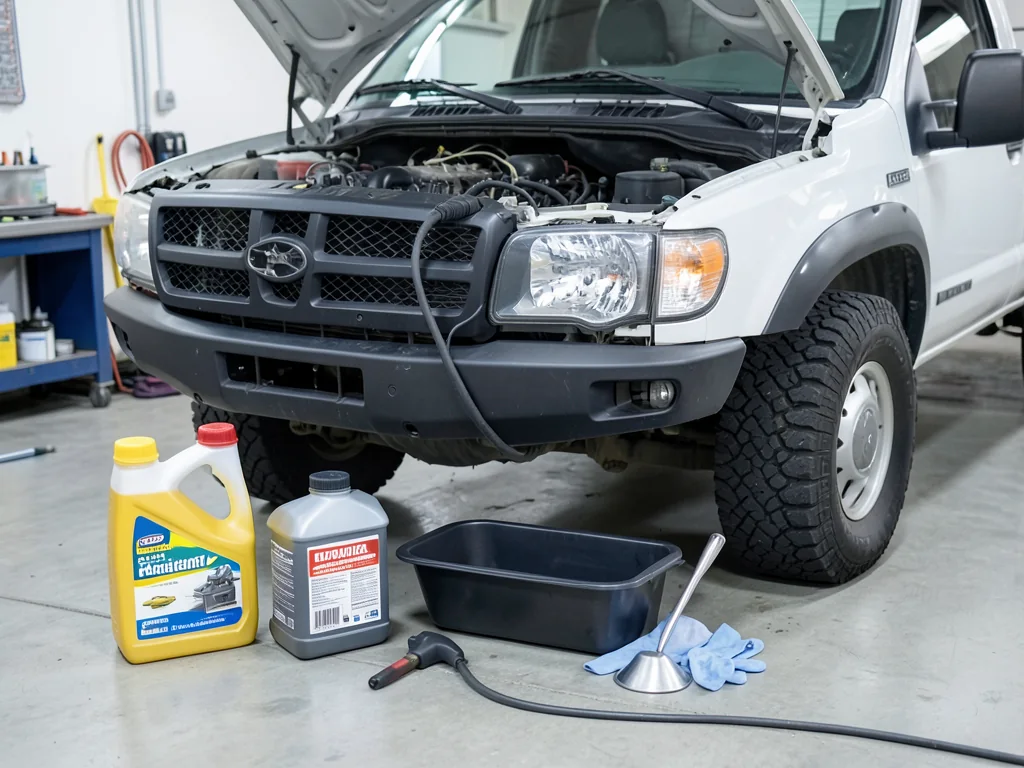Diesel engine oil change supplies with an oil container, replacement filter, drain pan, gloves, and funnel