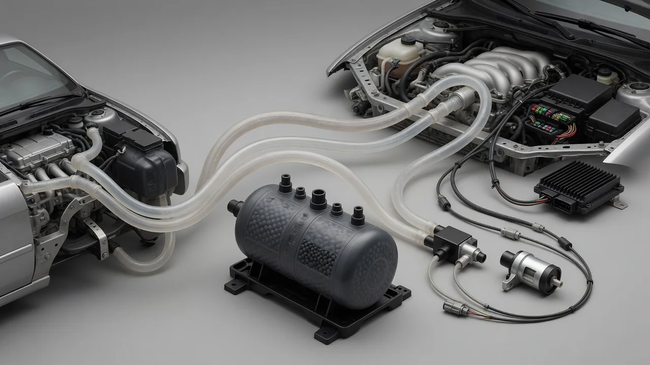 Conceptual EVAP purge flow sensor diagram showing the vapor path, sensor wiring, and engine control module.