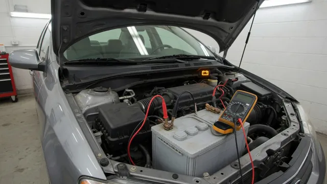 Multimeter probes connected to a car battery to test alternator charging voltage with the engine running