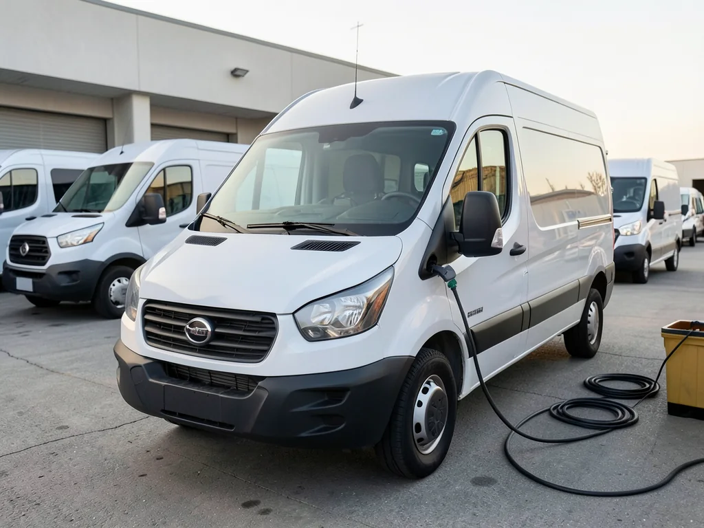 Electric cargo and passenger vans parked at charging stations outside a delivery depot.