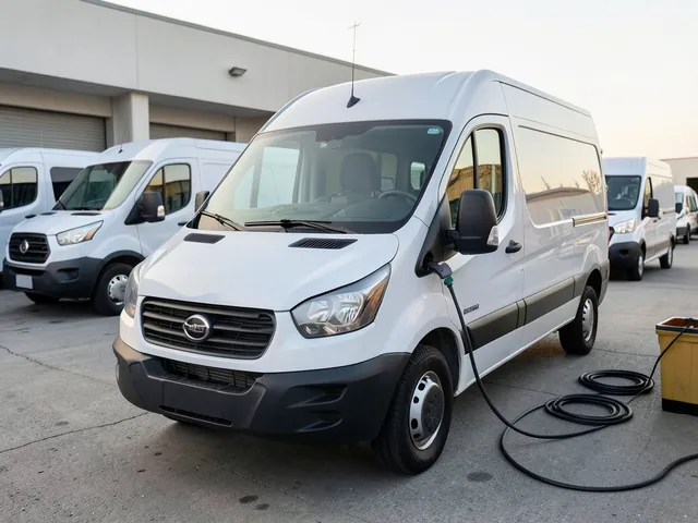 Electric cargo and passenger vans parked at charging stations outside a delivery depot.