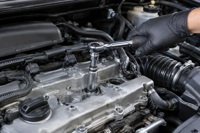 Torque wrench with spark plug socket tightening a plug in an aluminum cylinder head
