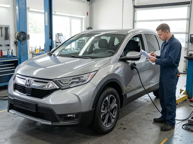 Honda CR-V parked in a service bay while a technician reviews maintenance records