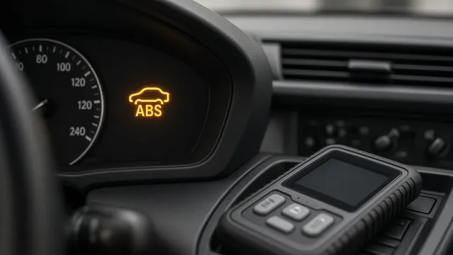 Illuminated ABS warning symbol on a vehicle dashboard with a diagnostic scanner nearby