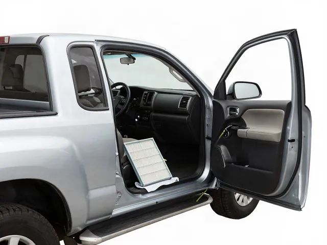 Toyota pickup glove box open with a cabin air filter and its access cover visible