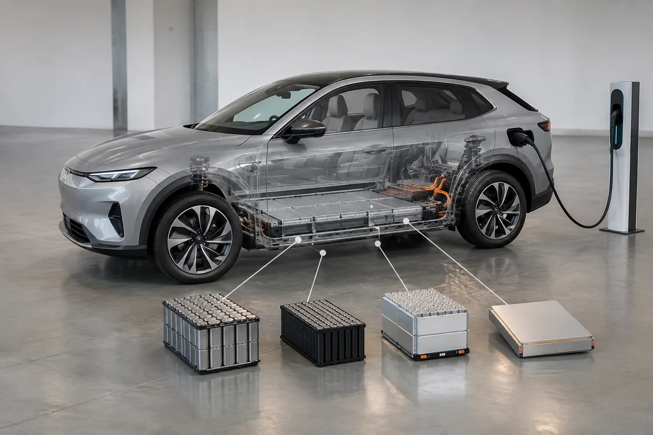 Illustrated EV traction battery pack with labeled NMC, LFP, NCA, and solid-state chemistry callouts