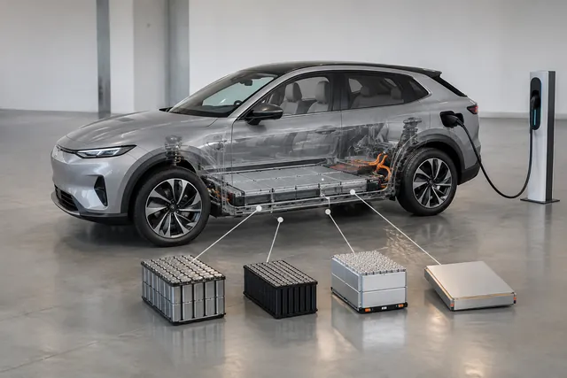 Illustrated EV traction battery pack with labeled NMC, LFP, NCA, and solid-state chemistry callouts