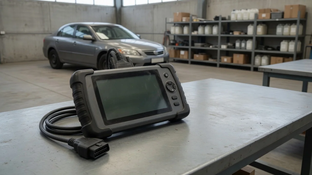 Diagnostic scan tool displaying P1715 beside a vehicle dashboard