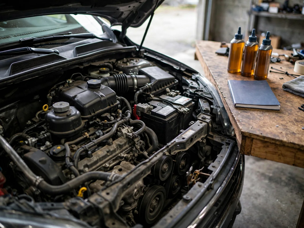 Ford owner's manual beside sealed brake fluid bottles with the reservoir visible in the engine bay