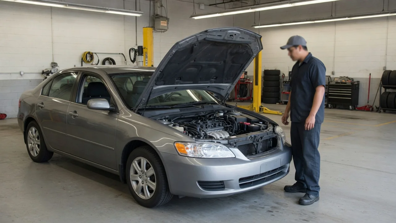 Car parked safely with its hood open while a technician investigates a whining noise
