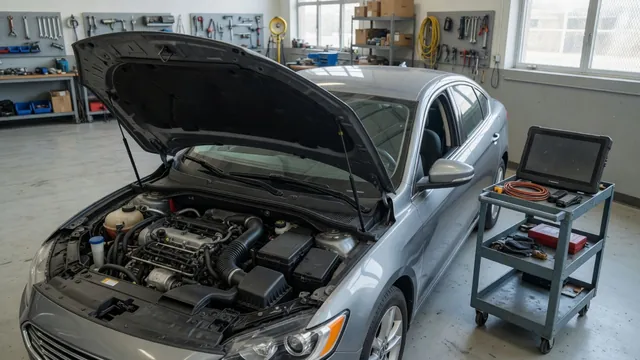 Open engine bay showing an intake duct and a diagnostic scanner beside the vehicle