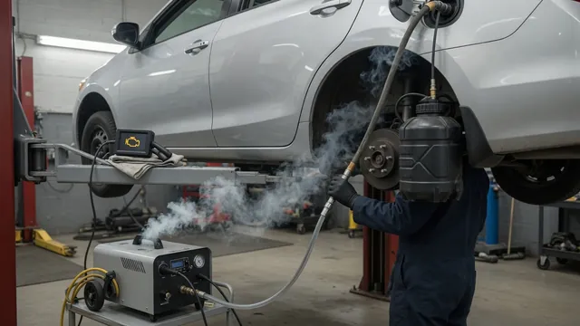 Technician smoke testing a car's EVAP system with smoke escaping from a cracked vapor hose near the charcoal canister