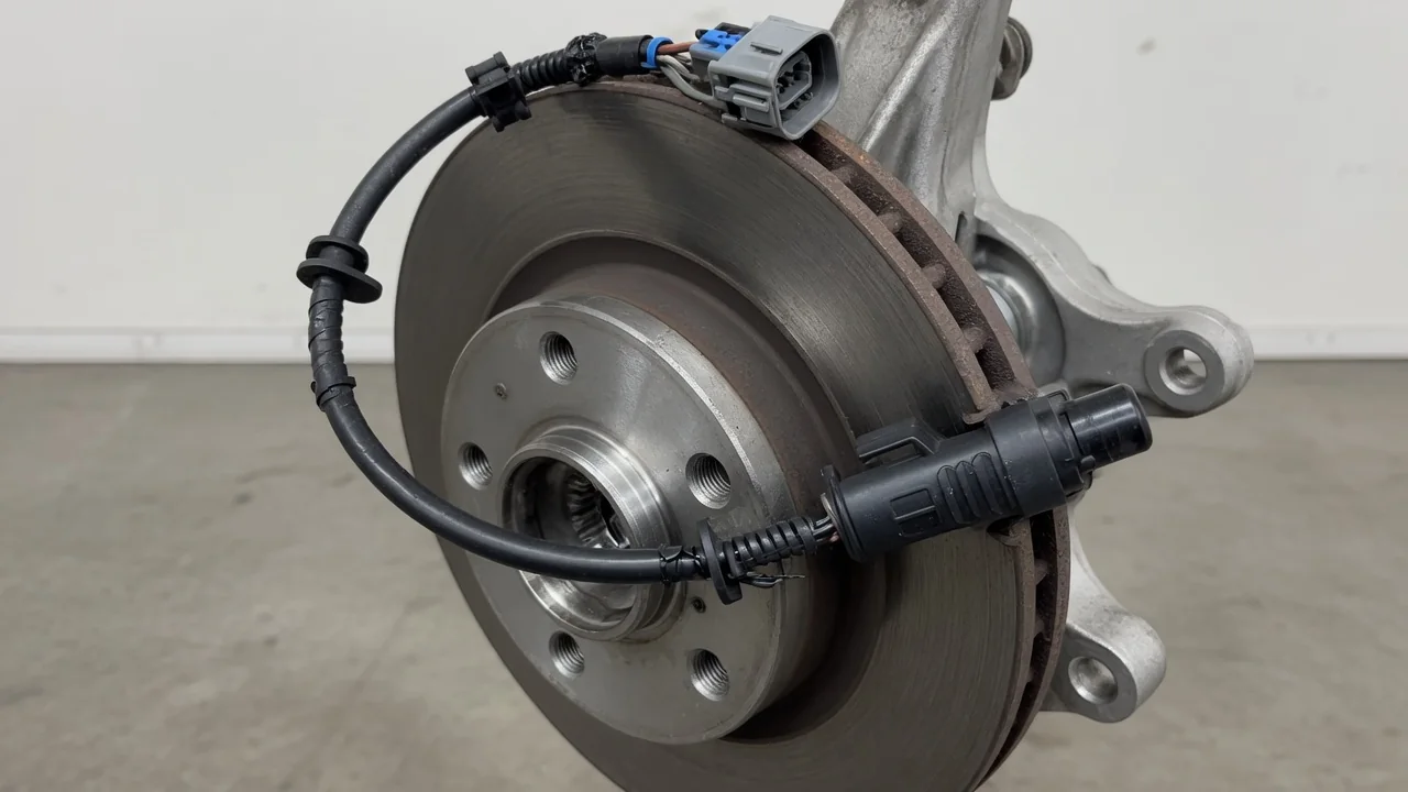 Illustration of a front wheel speed sensor, wiring connector, and hub assembly