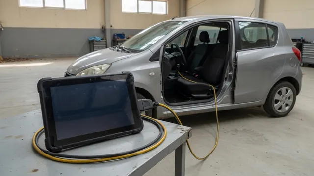 Diagnostic scanner connected inside a parked vehicle with P1280 displayed on its screen