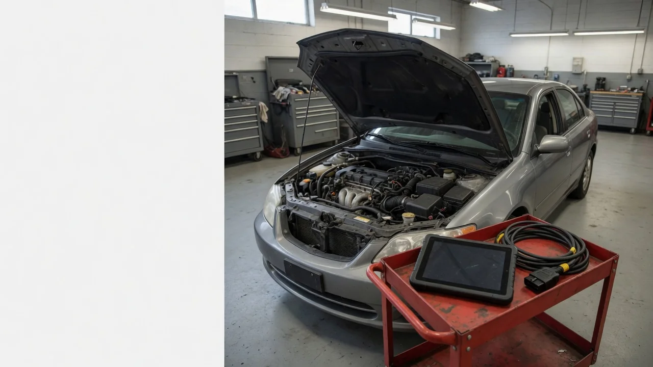 Diagnostic scanner beside a vehicle with its hood open in an automotive workshop