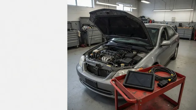 Diagnostic scanner beside a vehicle with its hood open in an automotive workshop
