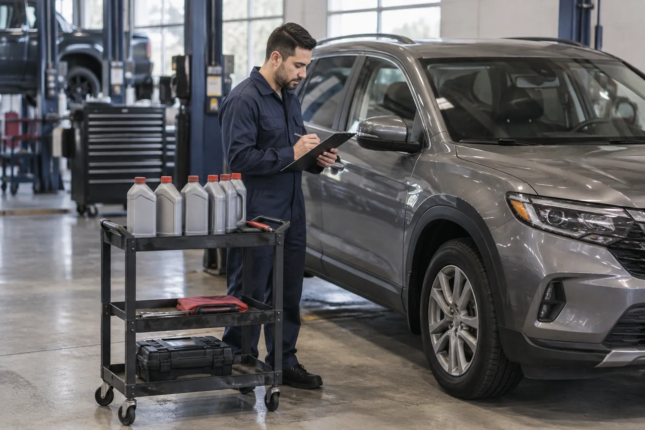 Technician reviewing an automatic transmission service checklist beside a vehicle in a repair shop