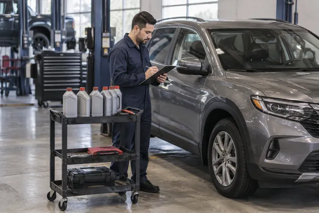 Technician reviewing an automatic transmission service checklist beside a vehicle in a repair shop