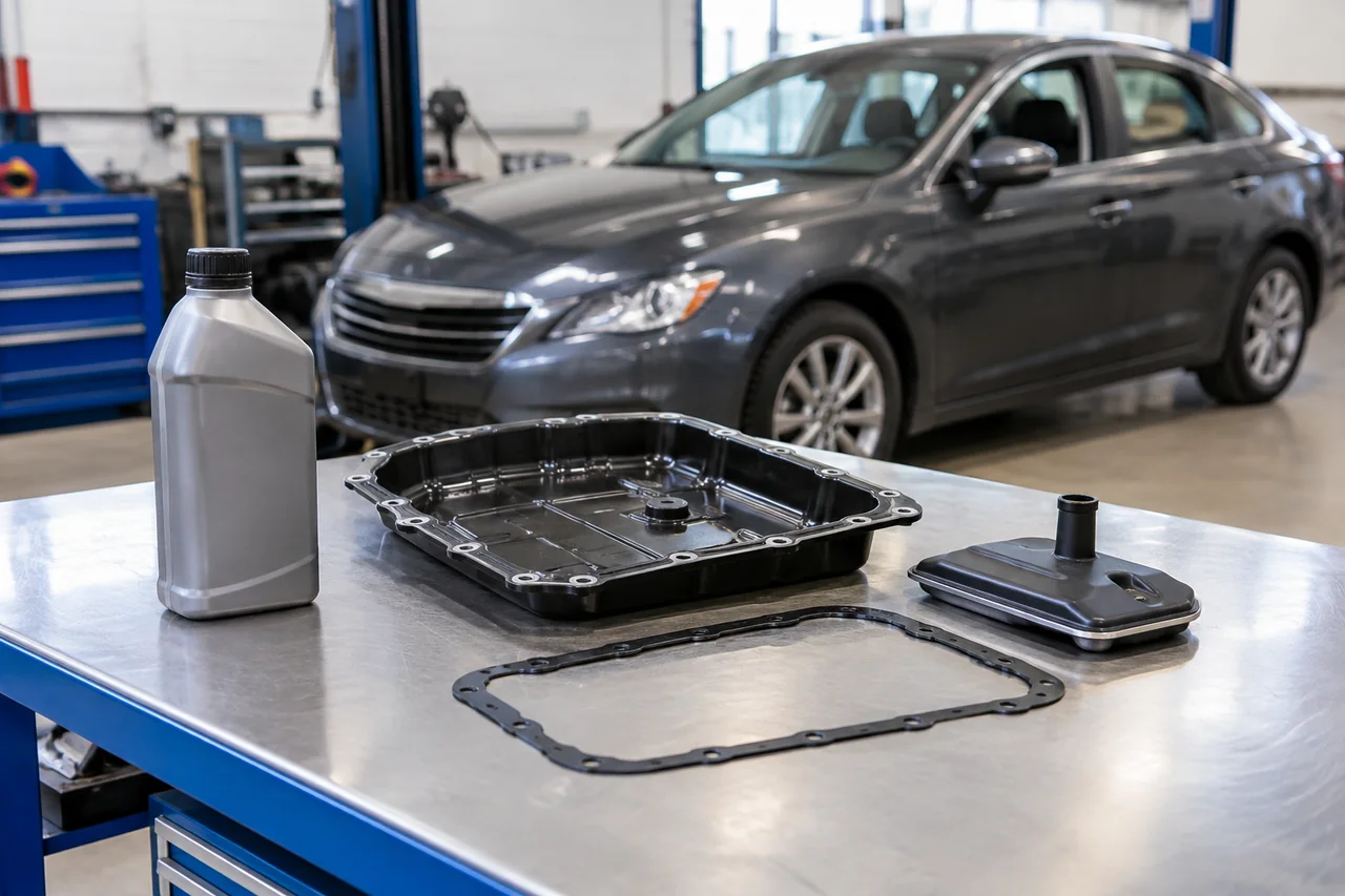 Automatic transmission fluid bottle beside a transmission pan and filter on a clean workshop bench