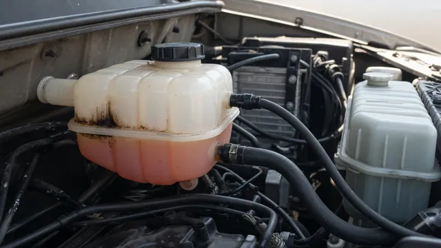 Dark oily residue along the inside of a translucent coolant reservoir in an engine bay