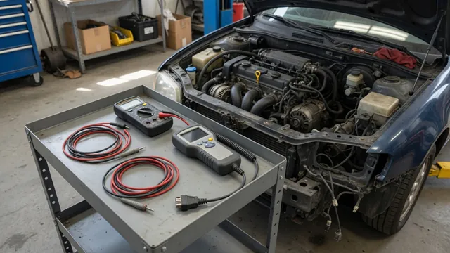 Digital multimeter and scan tool prepared for an oxygen sensor voltage check in an automotive workshop