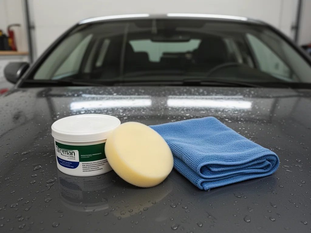 Unbranded car wax, a foam applicator, and a microfiber towel beside a glossy vehicle hood