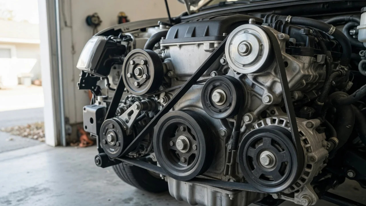 Serpentine belt routed around accessory pulleys in a parked vehicle with the engine off