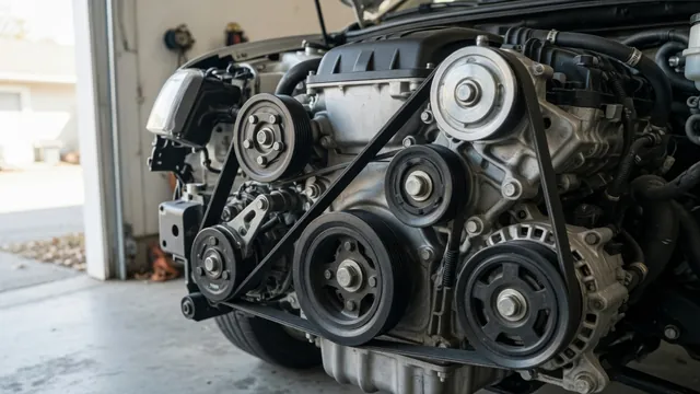 Serpentine belt routed around accessory pulleys in a parked vehicle with the engine off