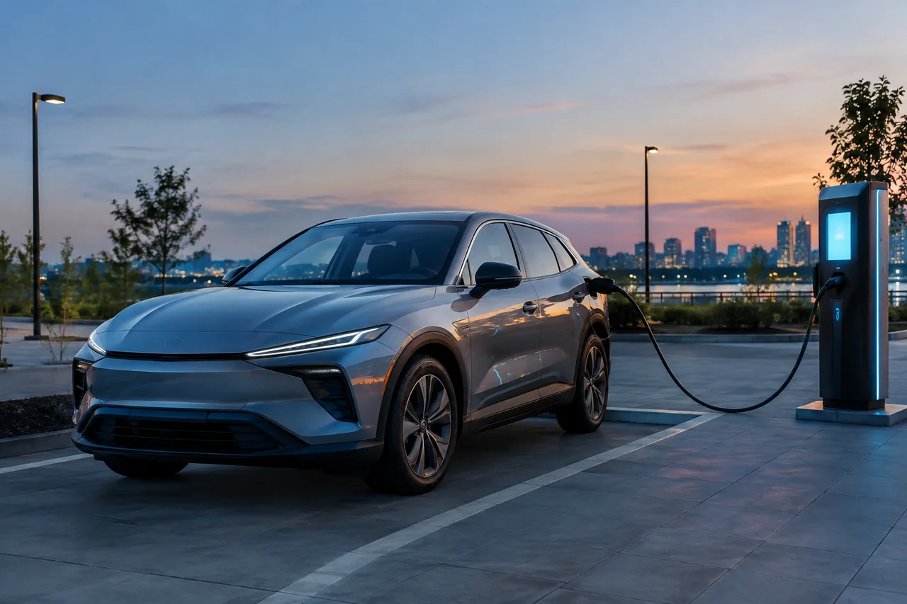 Electric car connected to a DC fast charging station at dusk