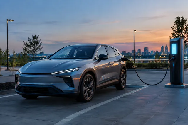 Electric car connected to a DC fast charging station at dusk