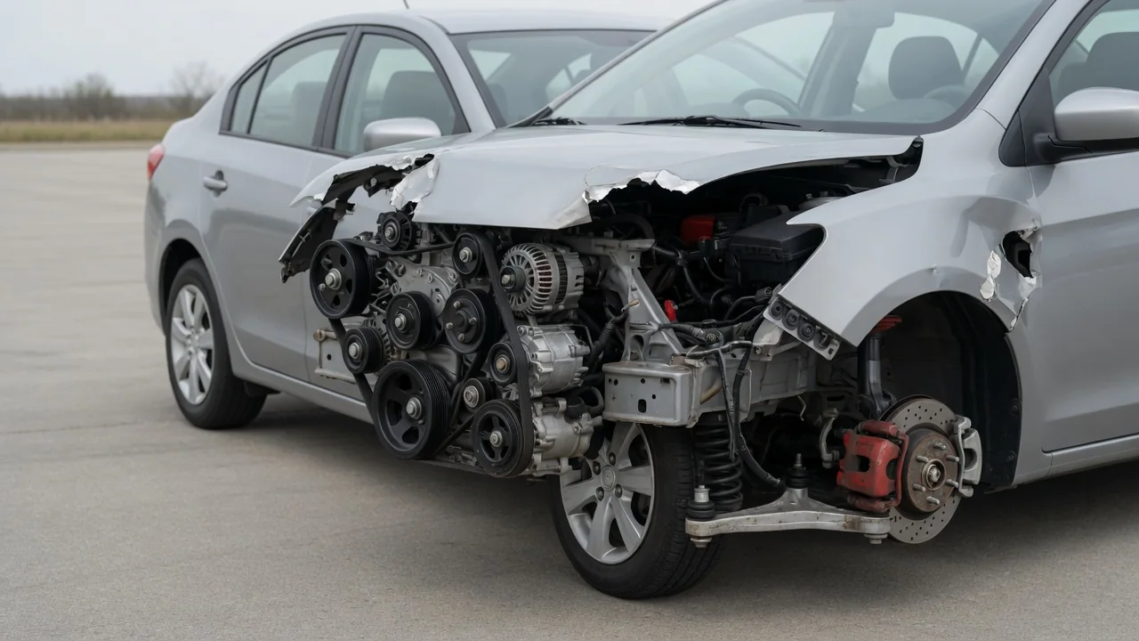 Parked car with illustrated callouts highlighting the belt drive, brakes, and front suspension