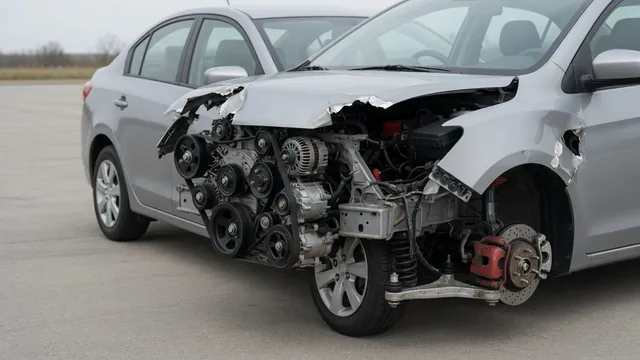 Parked car with illustrated callouts highlighting the belt drive, brakes, and front suspension