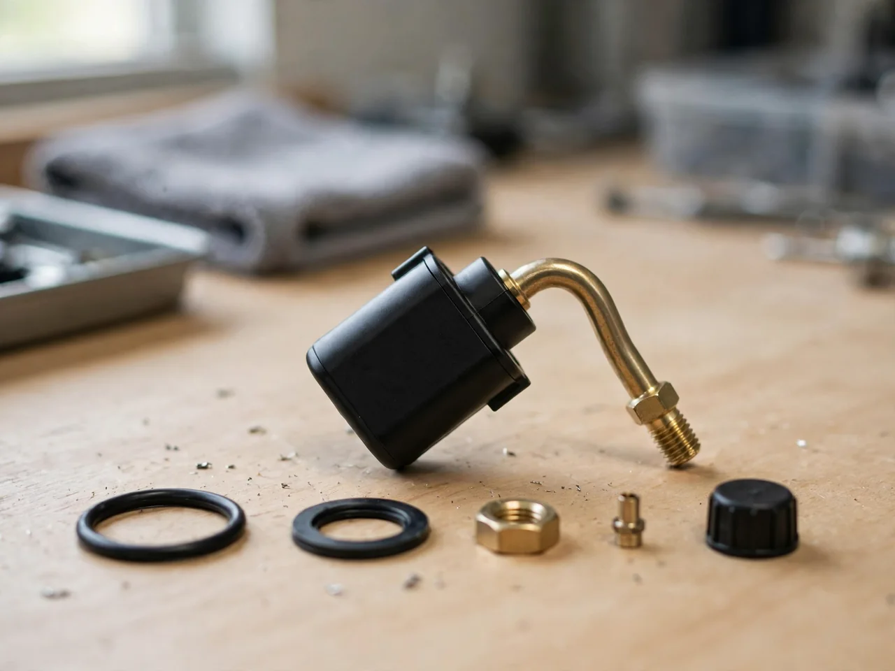 TPMS sensor and valve stem beside a seal, retaining nut, valve core, and cap on a clean workbench