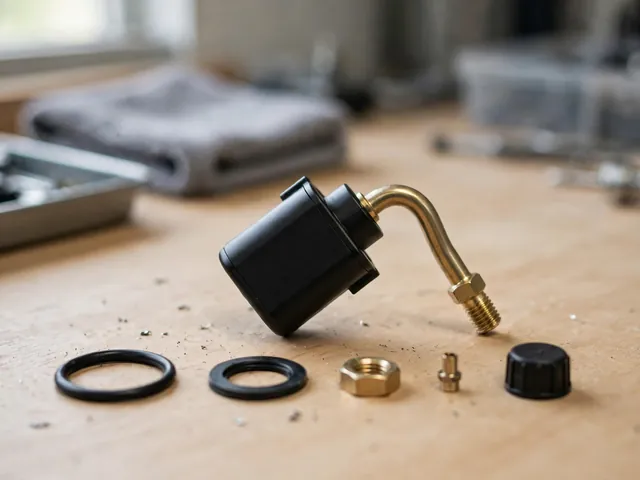 TPMS sensor and valve stem beside a seal, retaining nut, valve core, and cap on a clean workbench