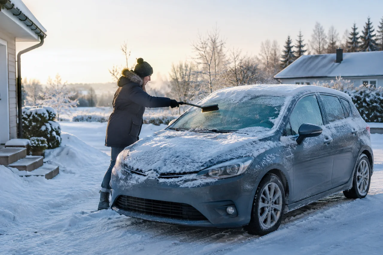Person clearing snow from a car windshield in a driveway on a cold winter morning before driving