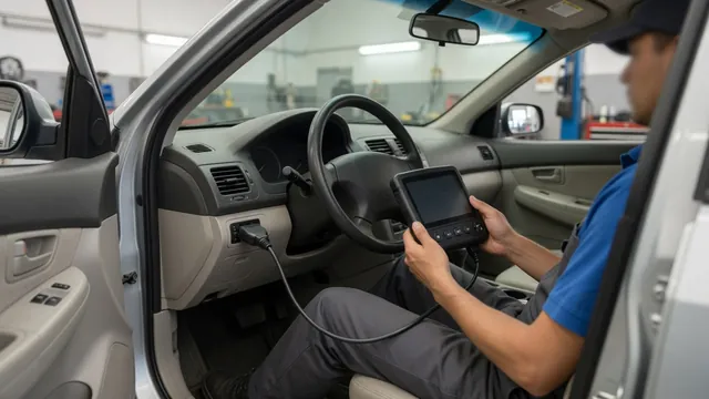 Diagnostic scanner connected inside a parked vehicle during a P1702 fault investigation