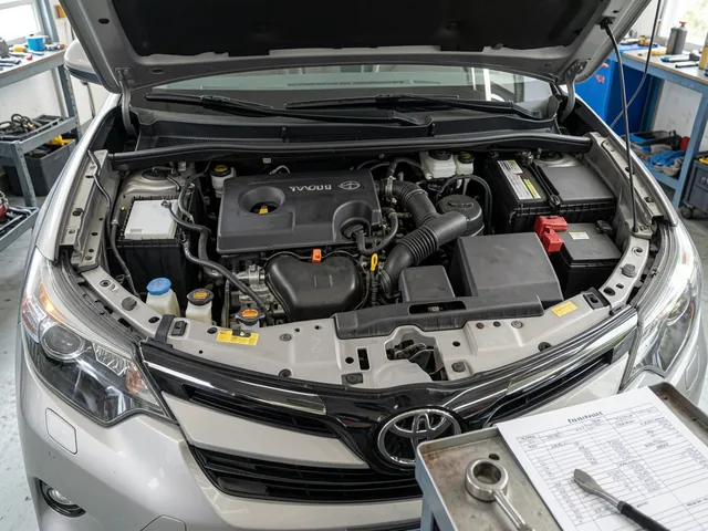 Toyota engine bay with a closed timing cover and maintenance records nearby