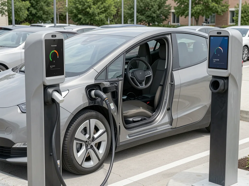 Electric car connected to a public charging station with charging progress shown on the display.