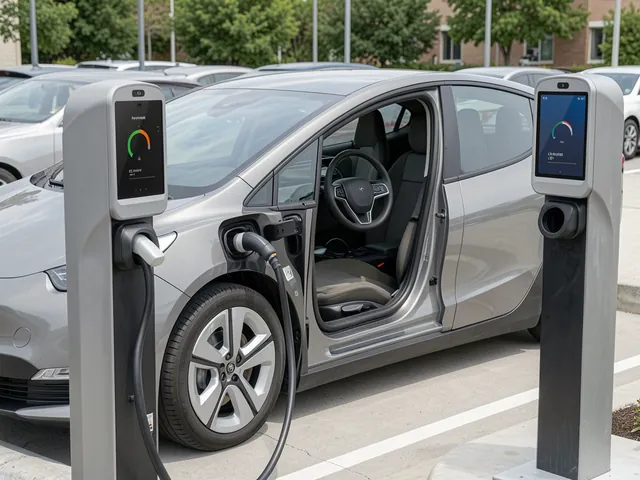 Electric car connected to a public charging station with charging progress shown on the display.