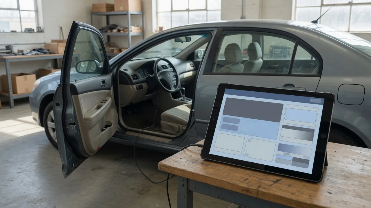 Diagnostic scan tool beside a vehicle dashboard displaying the P0607 trouble code