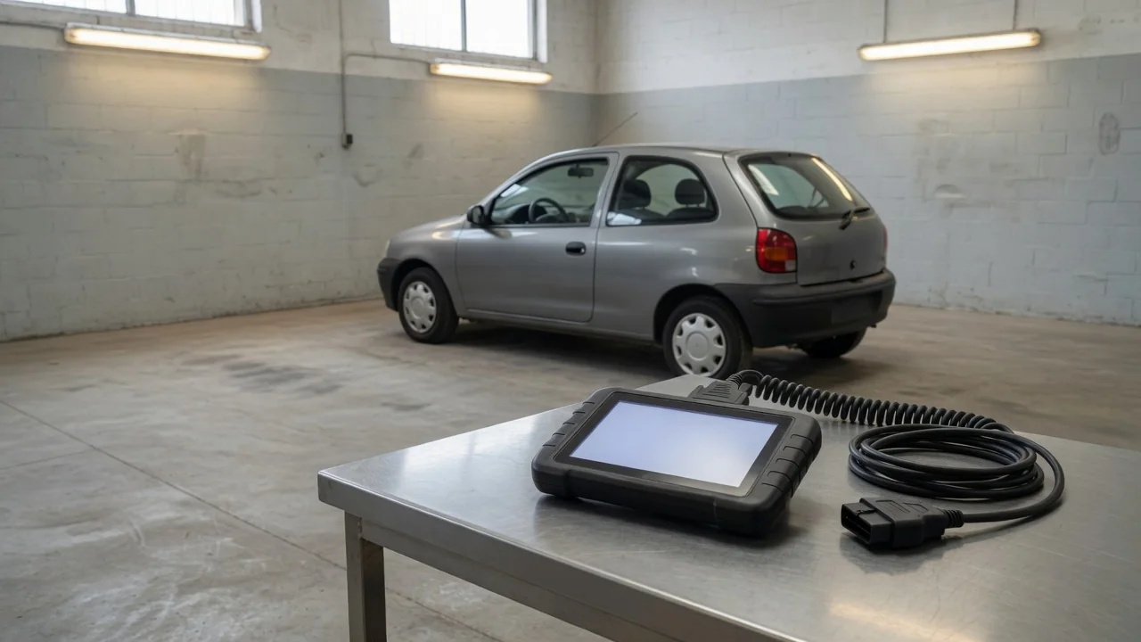 Diagnostic scanner displaying P1421 beside a vehicle with the check engine light illuminated