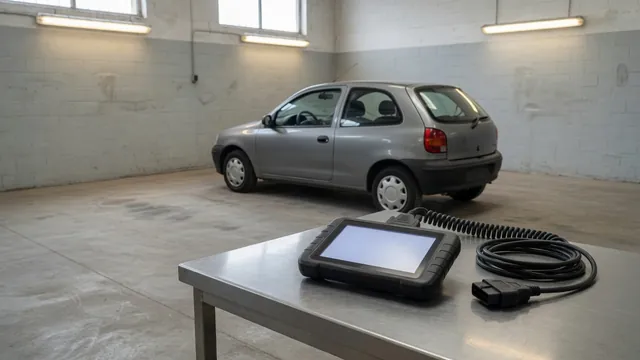 Diagnostic scanner displaying P1421 beside a vehicle with the check engine light illuminated