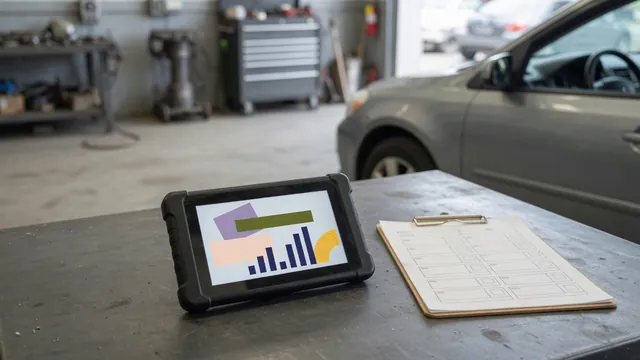 Diagnostic scanner displaying P1036 beside a vehicle identification checklist