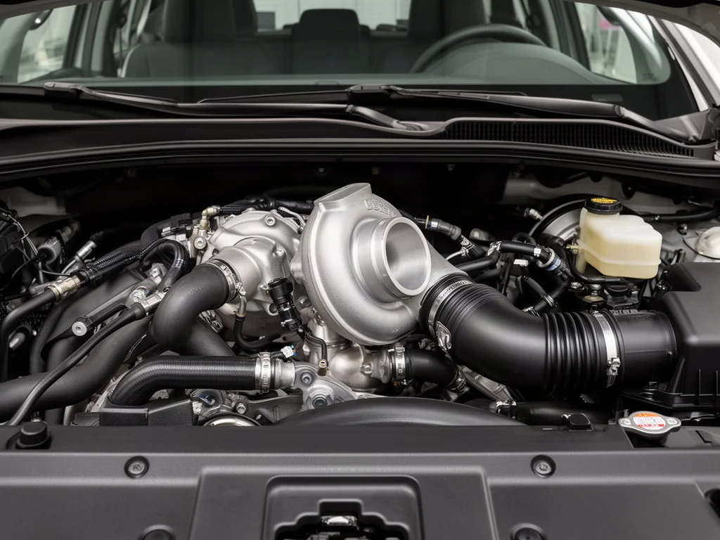 Turbocharger housing and connected intake hoses in a parked car with the engine off