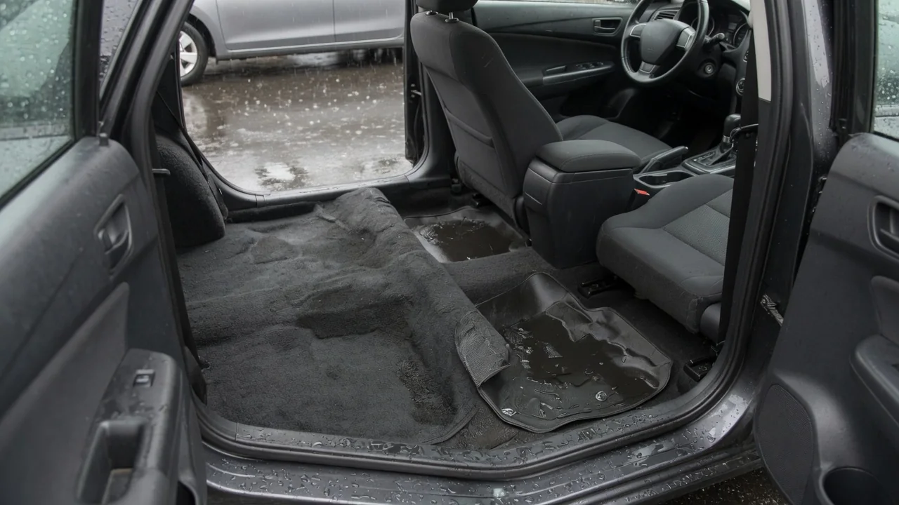 Automotive scene illustrating Why Is a Car Carpet Wet After Rain