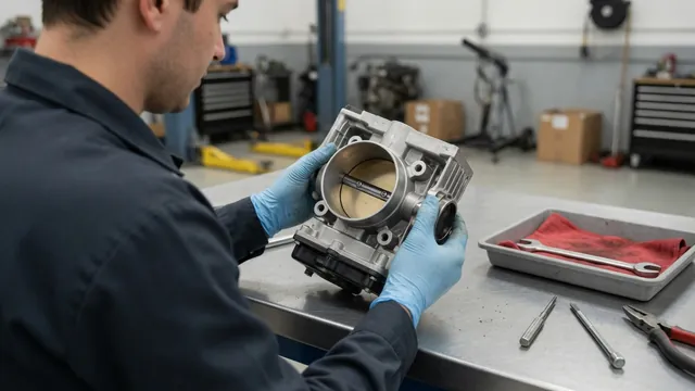 Technician inspecting a throttle body assembly on a workbench beside a Chevy Cruze